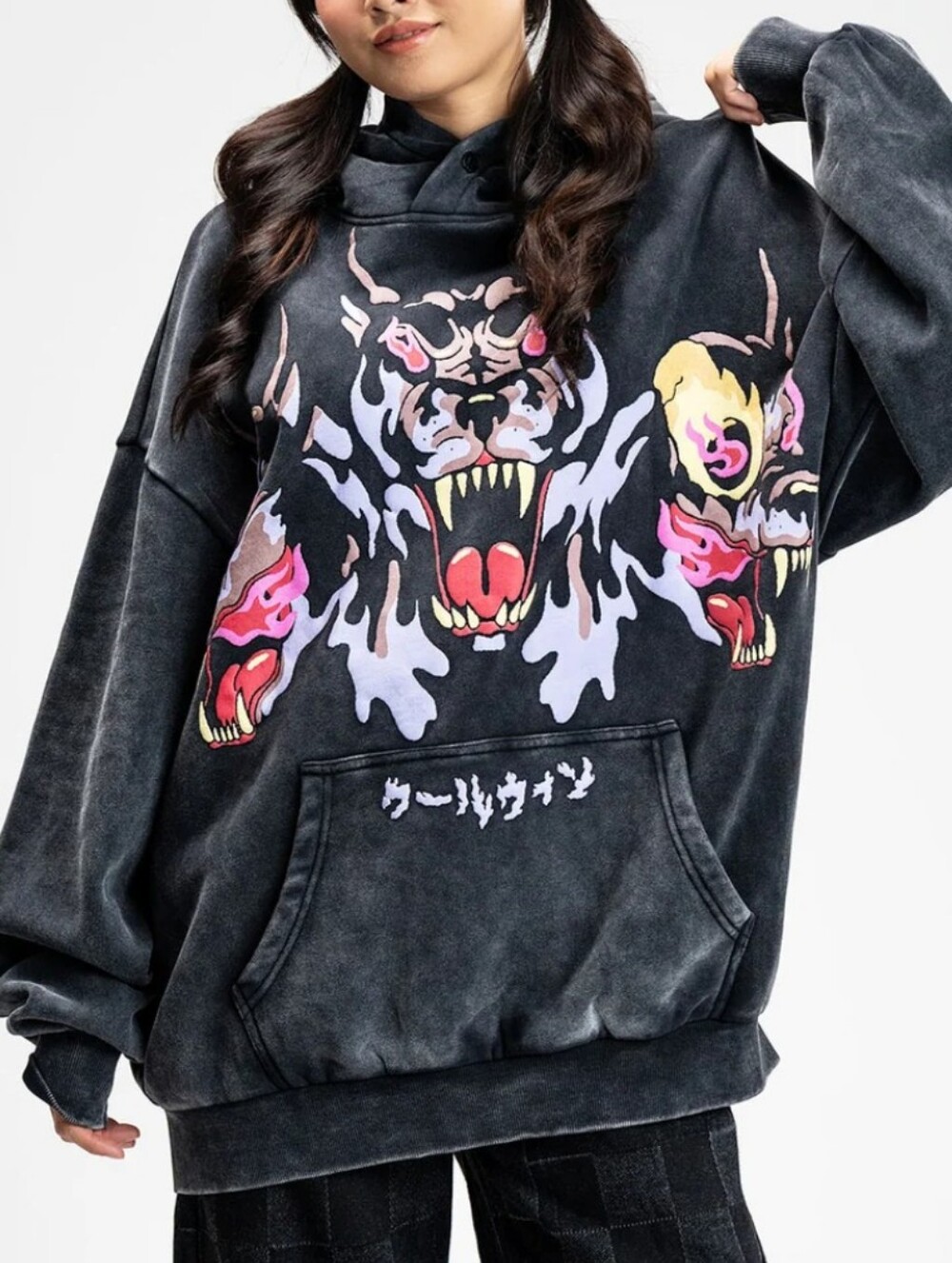 Cool Shirtz Cerberus Hoodie Graphic Hoodie in Washed Black with Neon Accents